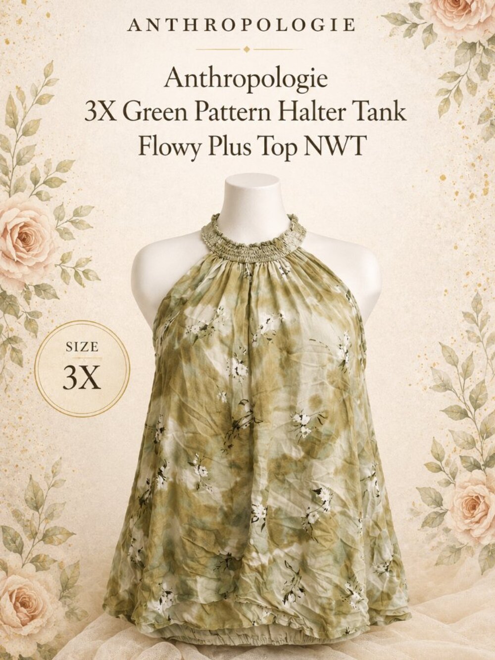 Anthropologie Green Halter Tank 3X Flowy Plus Size Top Pattern NWT